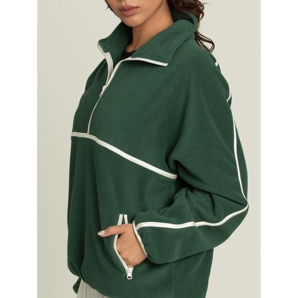Womens Sherpa Fleece Half Zip Pullover Oversized Sweatshirt Green XXL - Picture 2 of 4